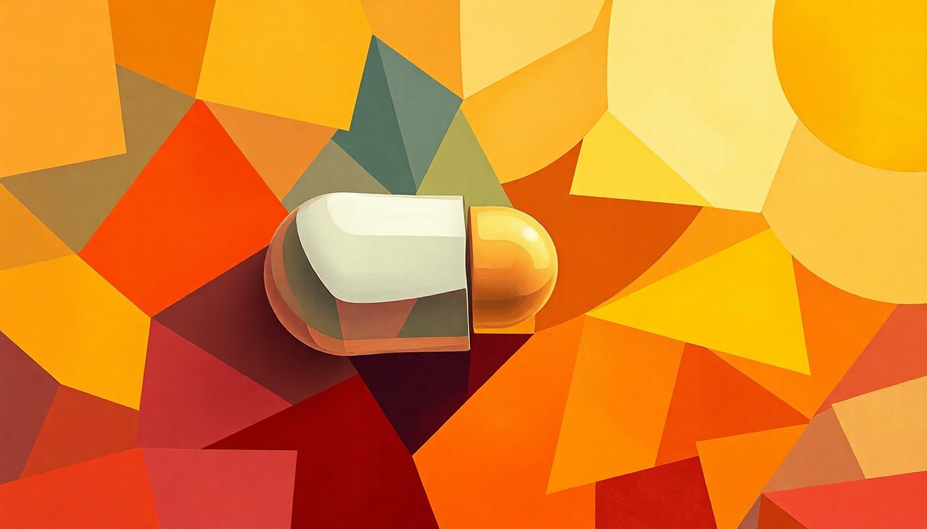 A dynamic, abstract painting of a medical pill or capsule in overlapping, fractured geometric shapes and waves of warm, earthy colors, conceptually representing the heated debate around abortion medications and their regulation.