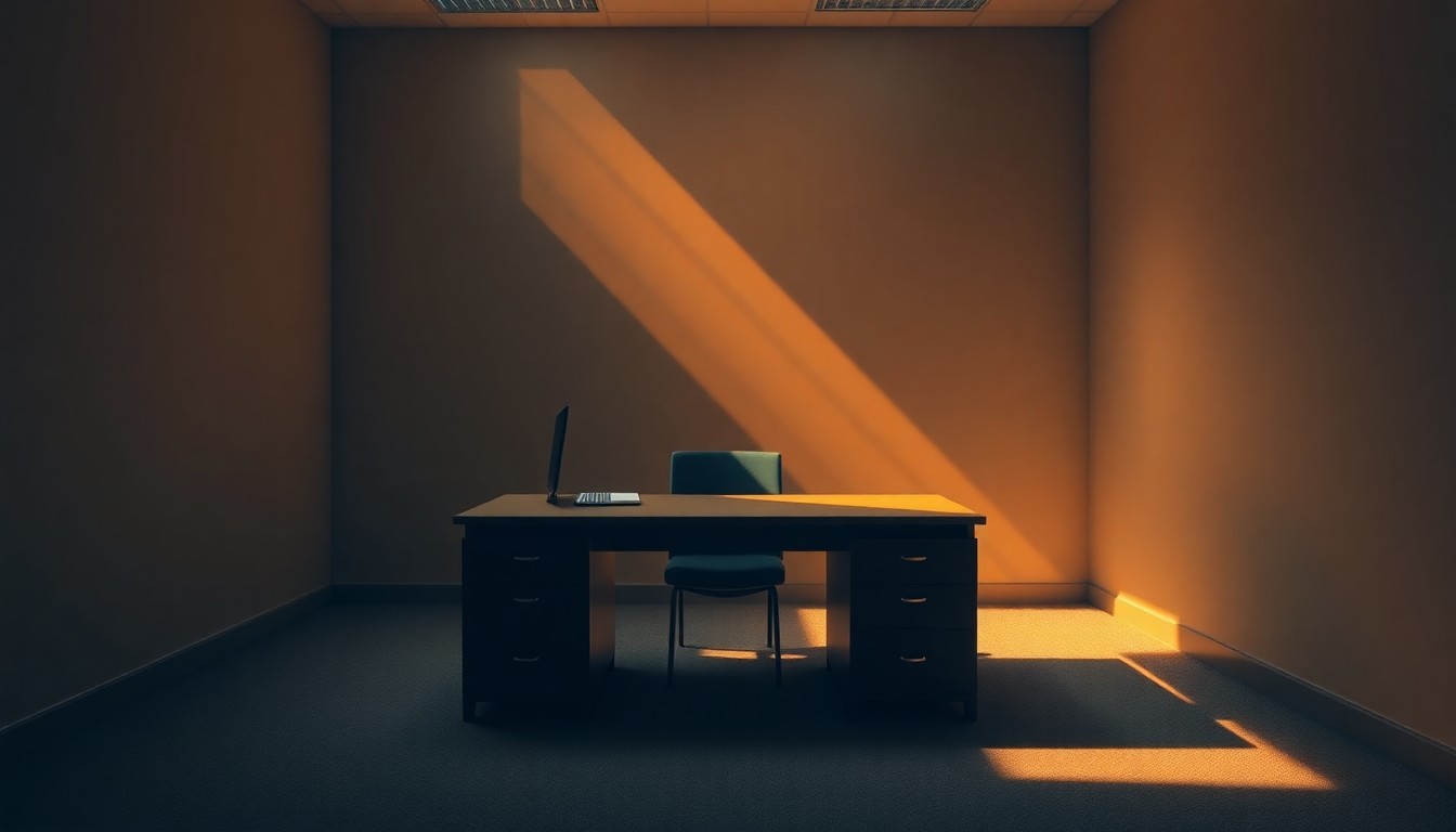 A quiet, cinematic painting of a solitary office desk in a dimly lit room, with warm diagonal sunlight and deep shadows, conceptually representing the political debate over climate investment funds.