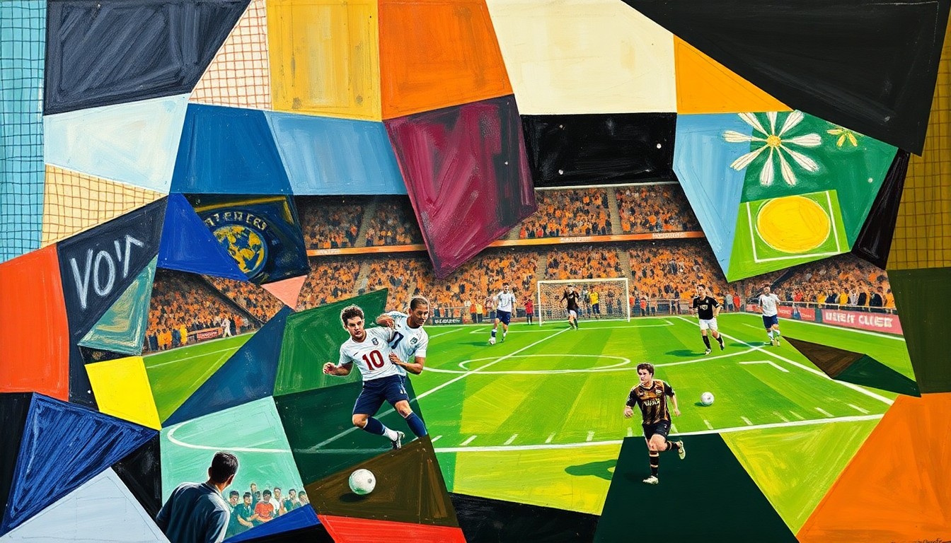 A cubist painting featuring fragmented geometric shapes and planes in shades of green, blue, and brown, conceptually representing the unpredictable nature of an NFL football game.