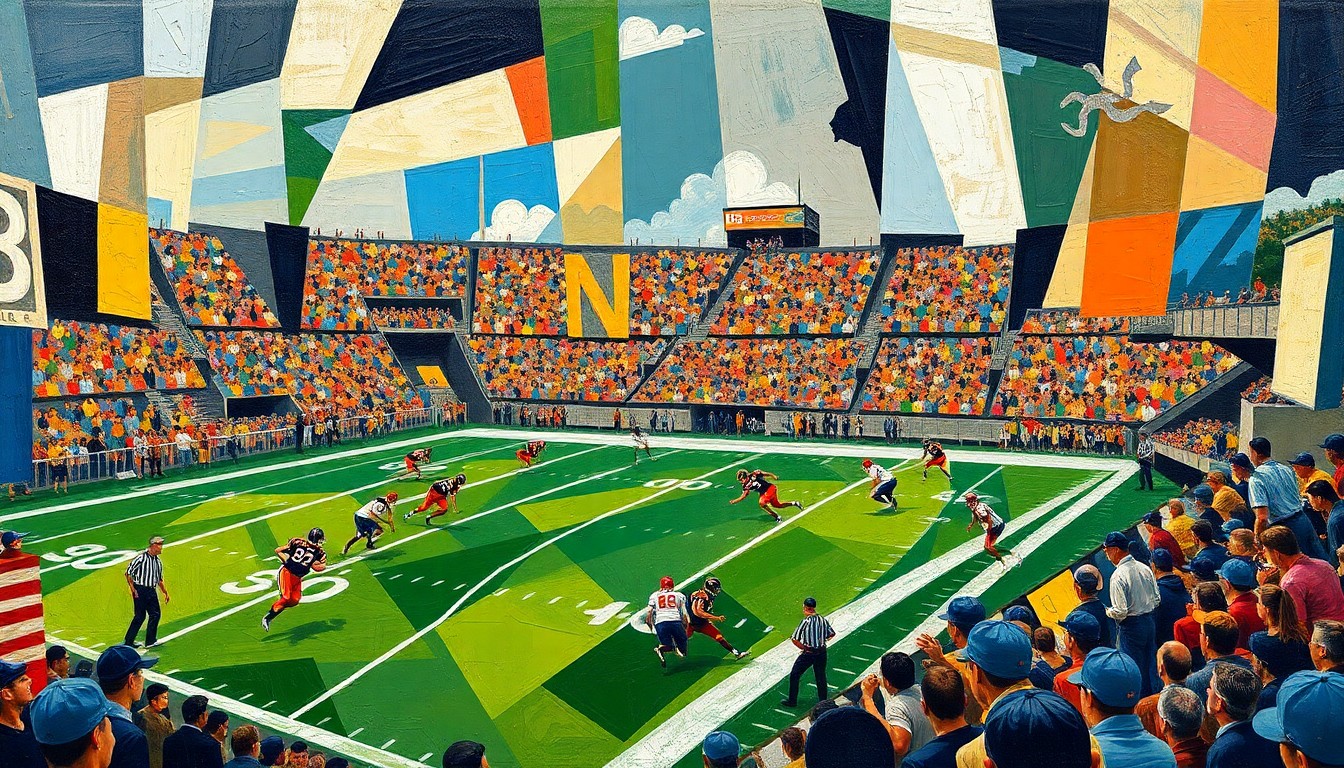 A fragmented, cubist-style painting depicting a college football game, with players and the field broken down into sharp, overlapping geometric shapes and planes, conveying a sense of chaos and upheaval in the sport.
