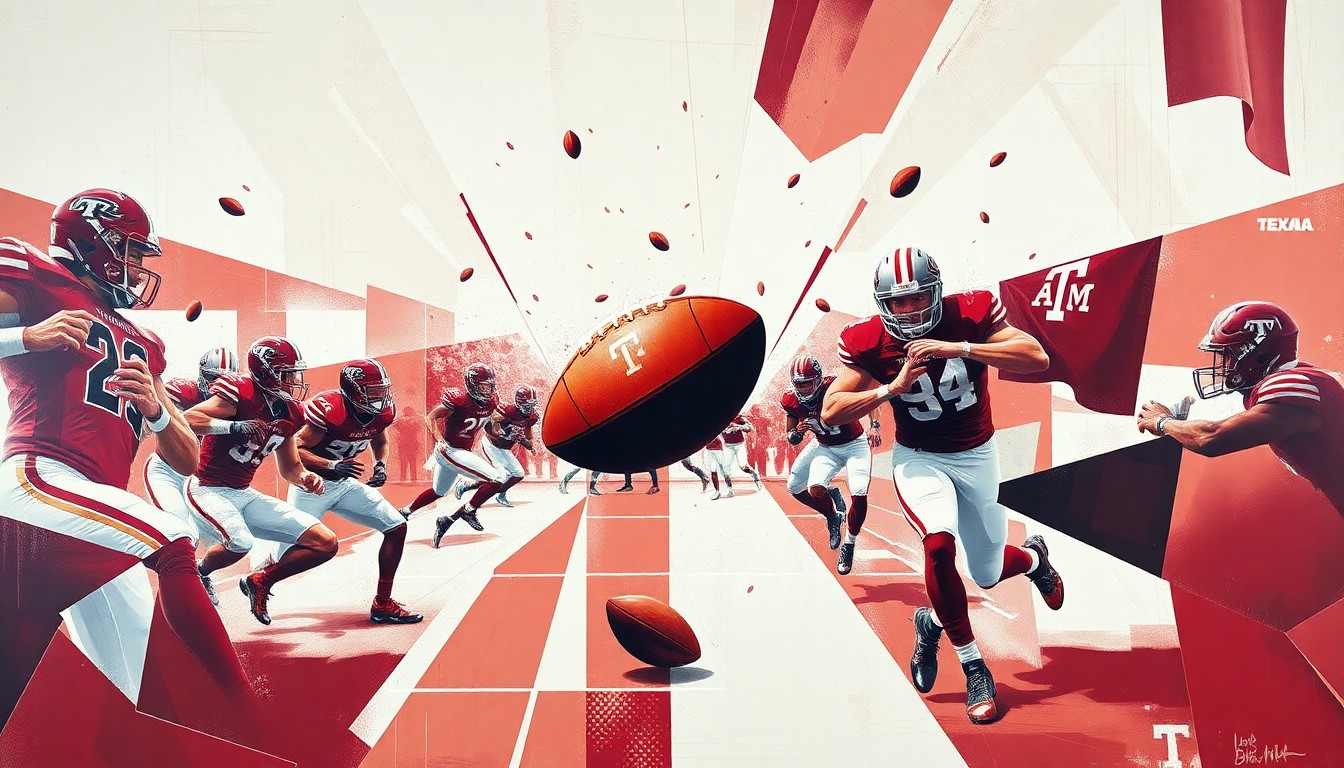 A cubist-style painting depicting a Texas A&M football game, with the players and ball broken down into sharp, overlapping geometric shapes in vibrant maroon and white colors, capturing the dynamic movement and strategic elements of the sport.