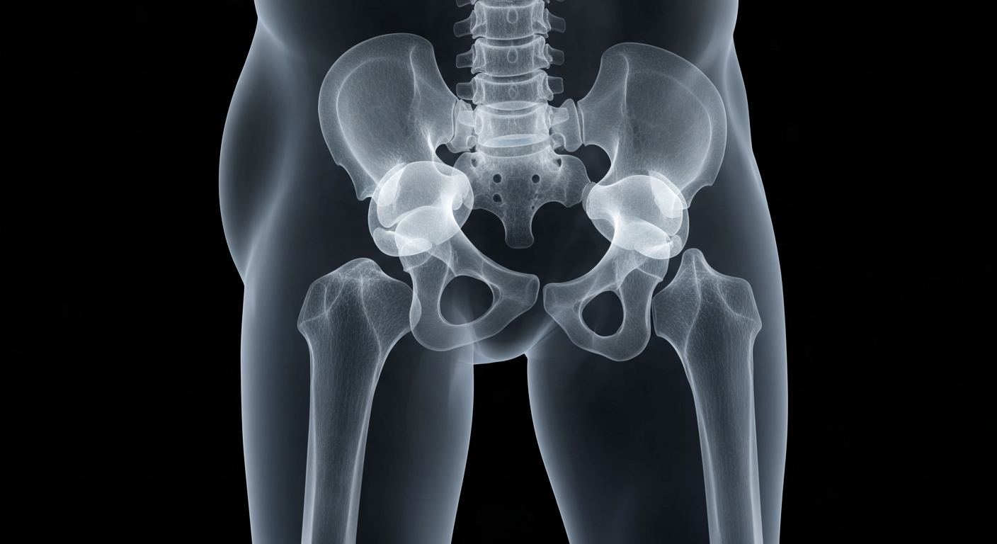 A ghostly, translucent X-ray image revealing the complex internal structure of a human hip joint, conveying the technical precision required for advanced orthopedic procedures.