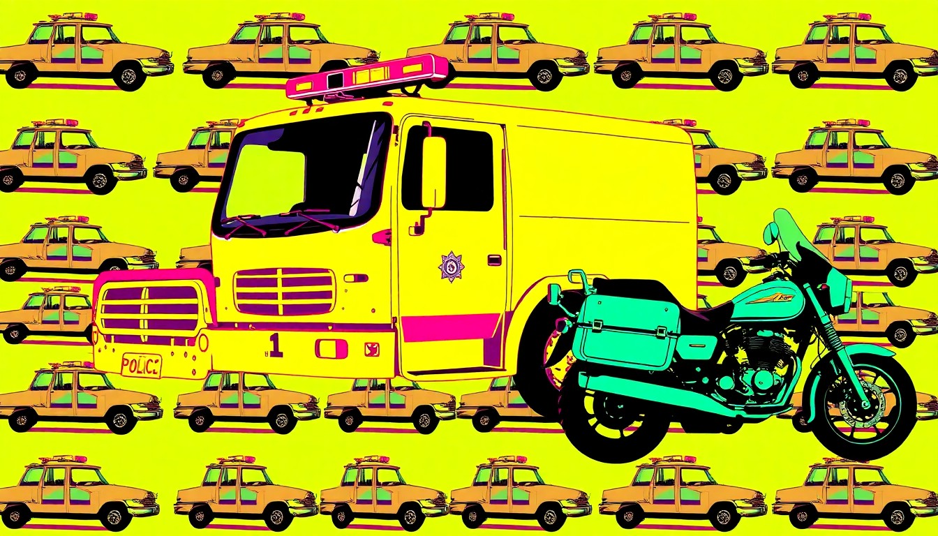A bold, colorful silkscreen-style illustration featuring repeating icons of police cars, fire trucks, and motorcycles in a vibrant neon color palette, conceptually representing the celebratory motorcade honoring Medal of Honor recipients.