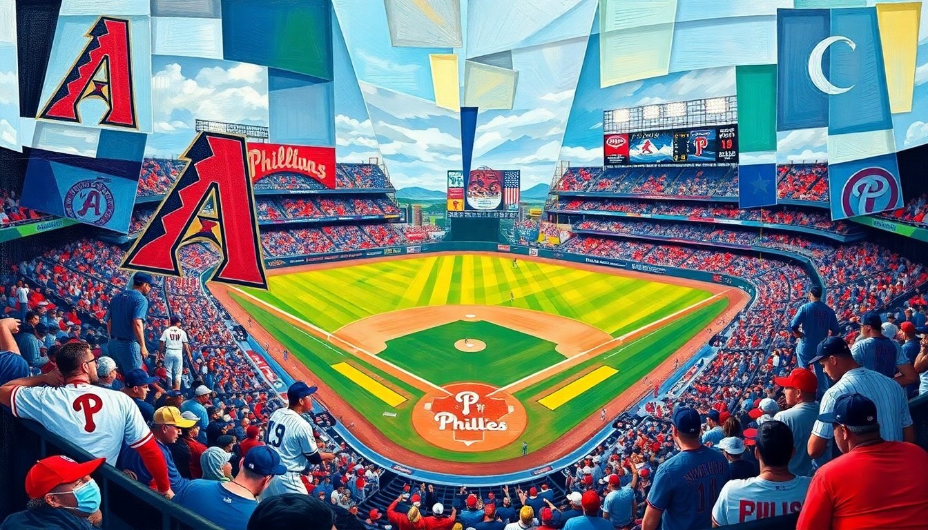 A fractured, multi-perspective painting in bold, geometric shapes and colors representing a baseball game between two teams, without any identifiable elements.