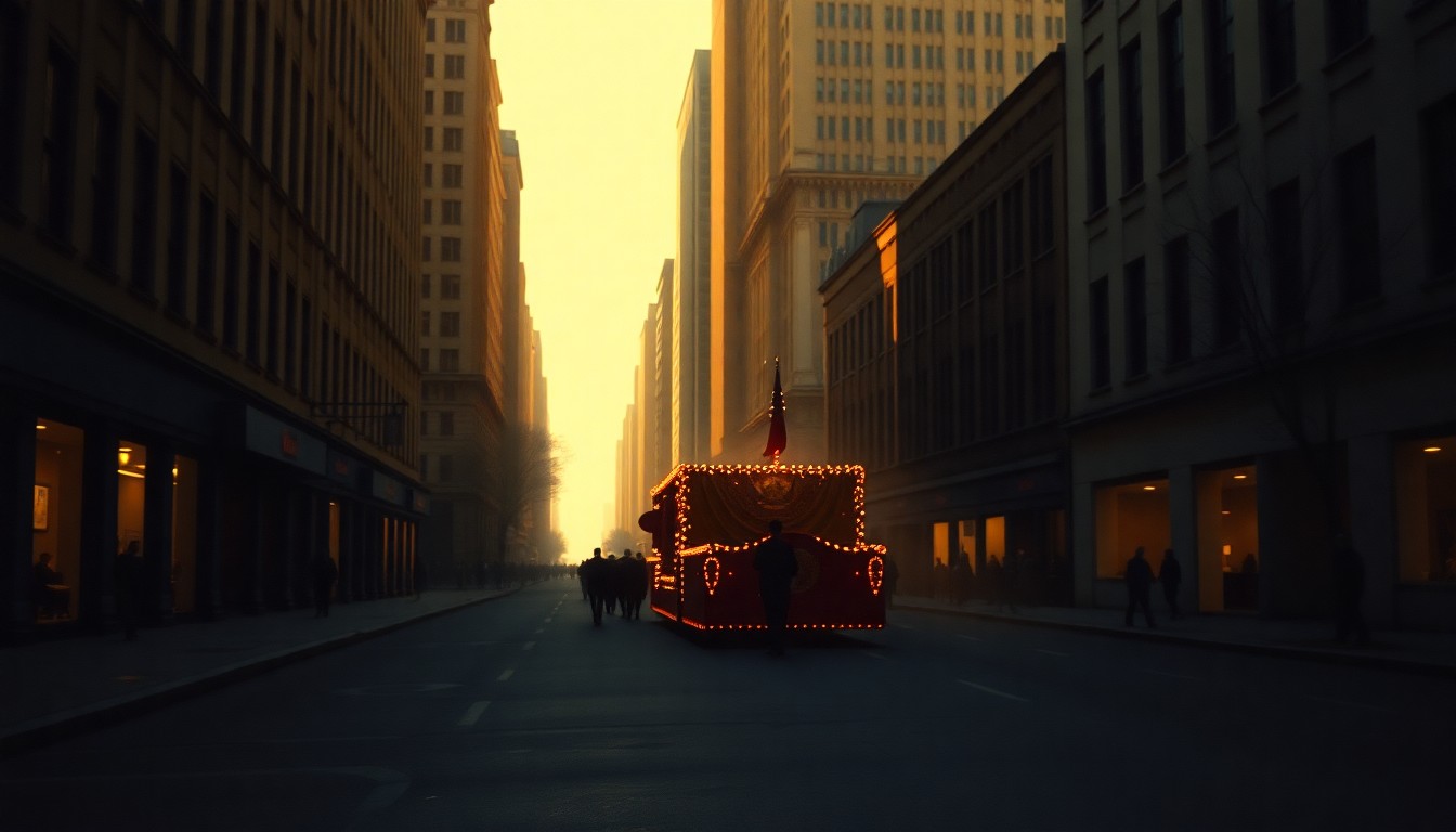 A serene, nostalgic painting of a lone parade float or marching band in an empty city street, the scene bathed in warm, golden light and deep shadows, capturing the quiet, cinematic mood of the event costs analysis.