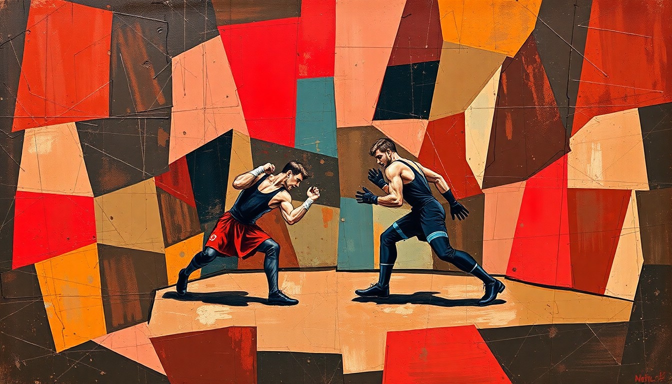 A cubist-style painting depicting a wrestling match broken down into sharp, overlapping geometric shapes in a palette of deep reds, browns, and blues, conceptually representing the role of beef in supporting athletic performance.