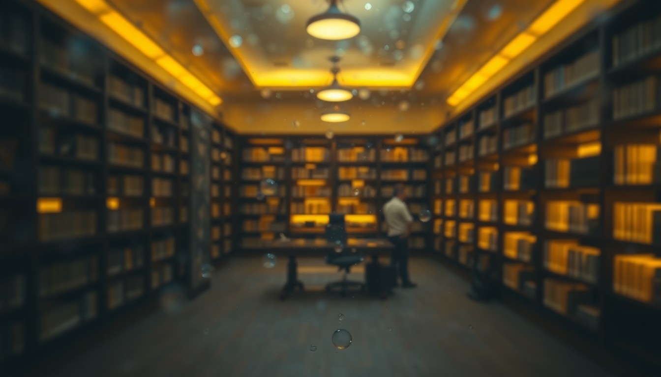An abstract, out-of-focus image of a dimly lit library interior, with the silhouettes of bookshelves and a single author's desk visible in soft pools of warm yellow light, conceptually representing the need to protect the literary community.
