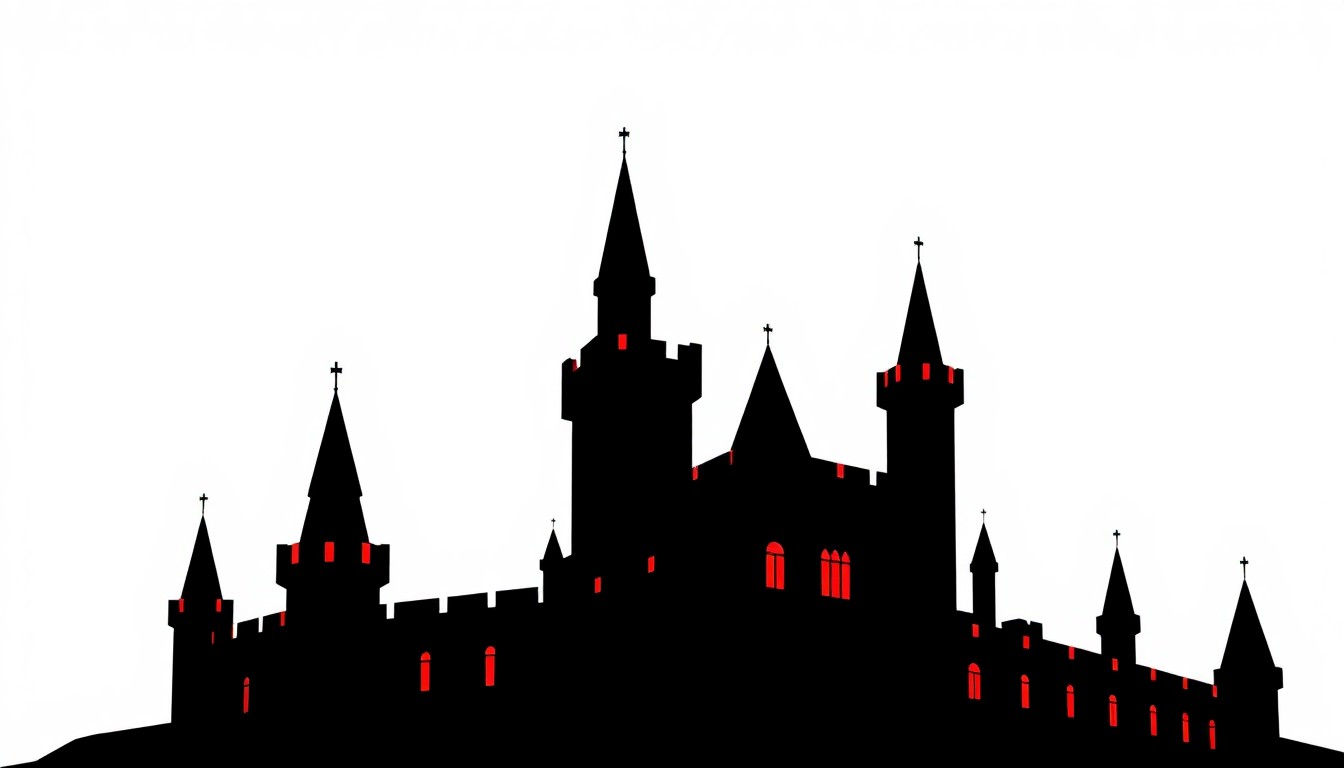 A striking abstract illustration featuring bold, angular black shapes against a bright red background, conceptually representing the iconic architecture of the Magic Castle in Hollywood.