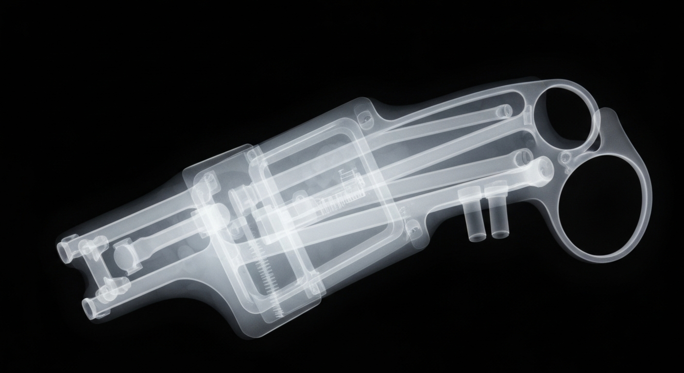 A ghostly, translucent X-ray image revealing the internal components of a medical instrument or piece of equipment, conceptually representing the vital healthcare services provided by Dr. Zimmerman on his mission trips to Brazil.