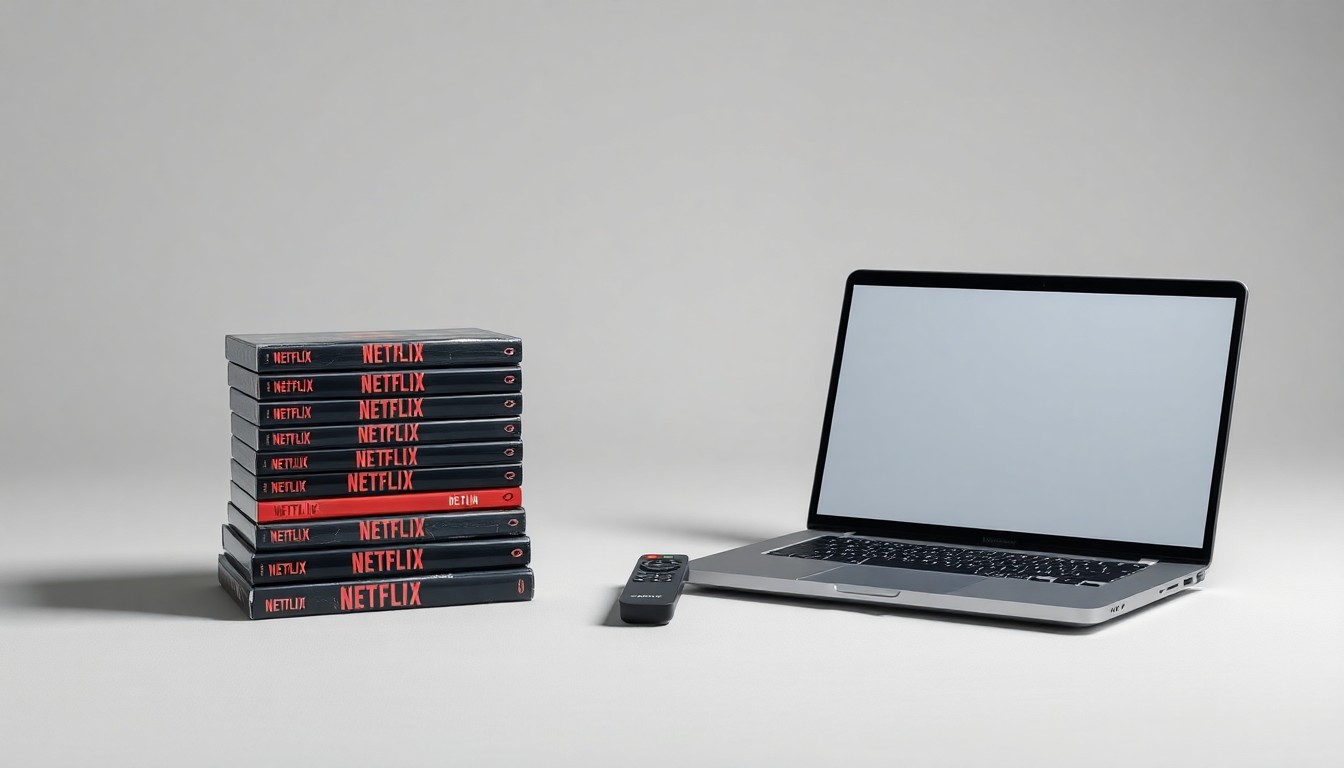 A high-end, photorealistic studio still-life photograph featuring a stack of Netflix DVD cases, a streaming remote control, and a laptop computer arranged elegantly on a clean, monochromatic background, conceptually representing the abstract financial trends and corporate strategy in the streaming industry.