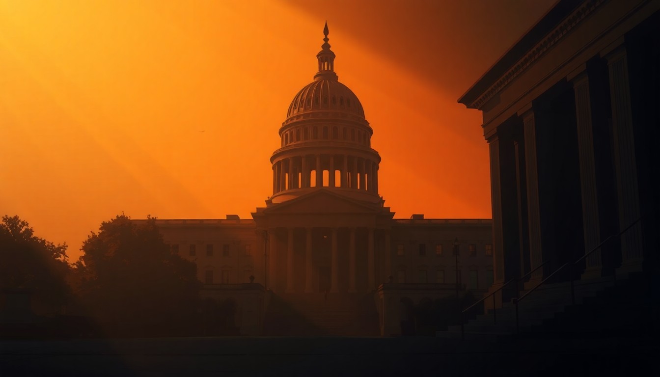A dimly lit, cinematic painting of a government building or political figure, with warm sunlight casting long shadows across the scene, conveying a sense of unease and the lingering questions around the Epstein case.