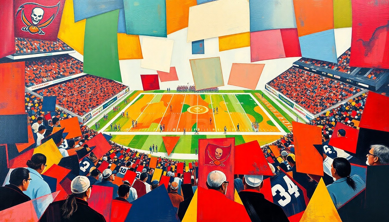 A fragmented, geometric painting in the style of Pablo Picasso, using sharp planes of red, pewter, and white to depict the strategic and competitive dynamics of a football game, without any recognizable players, teams, or branding.