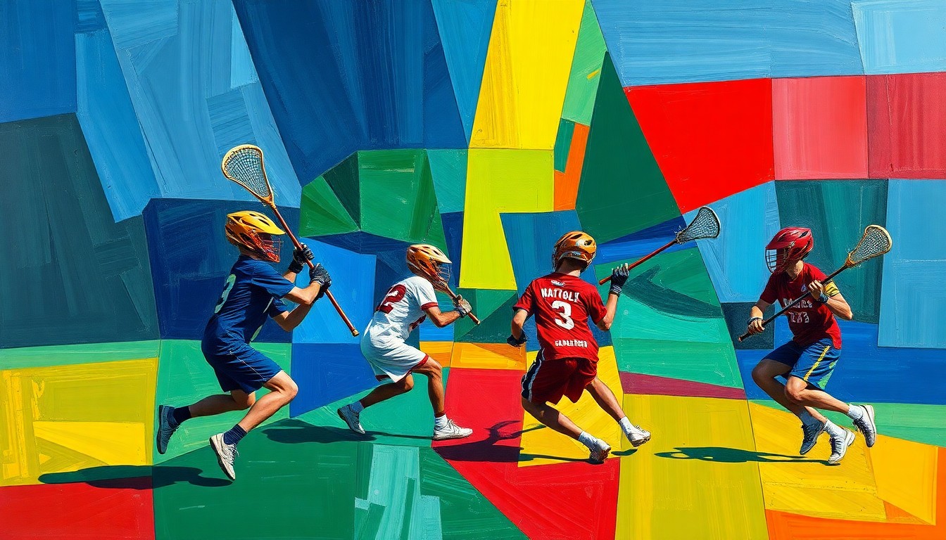A cubist, geometric painting depicting the dynamic action of a boys lacrosse game, with overlapping planes of navy, green, and red conveying the sport's intensity and Souderton's hard-fought win.