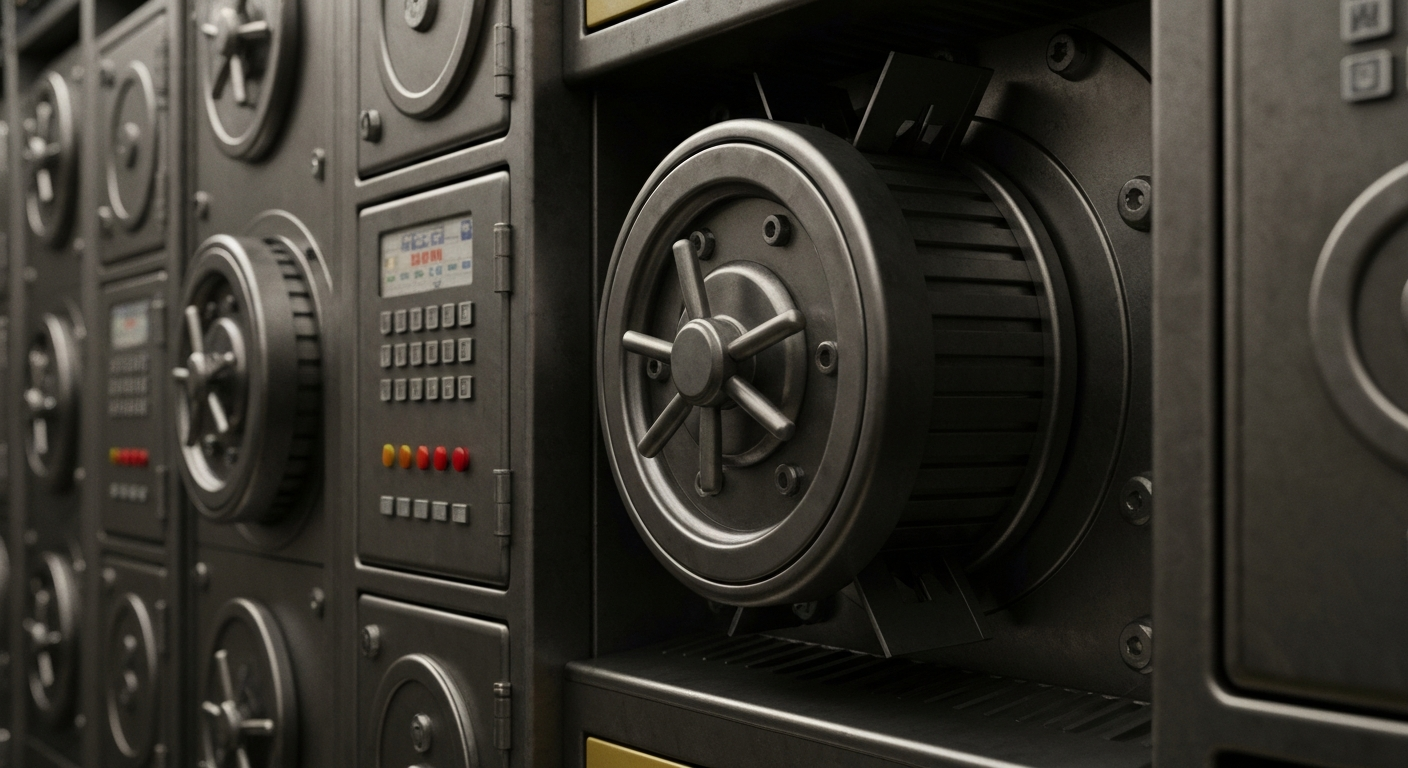 An extreme close-up of industrial banking equipment and machinery, conveying the physical infrastructure and security measures that underpin the financial system.