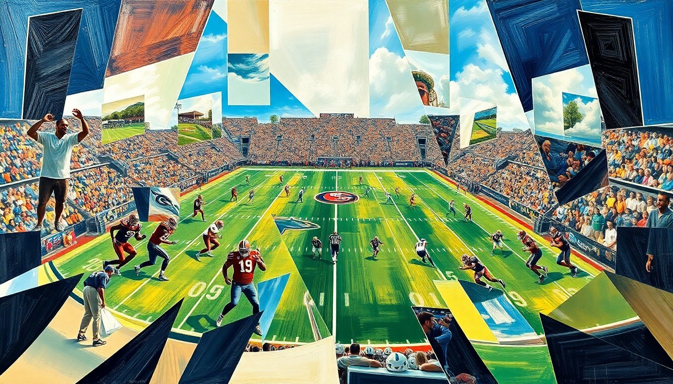 A cubist-style painting depicting fragmented, overlapping geometric shapes and planes representing a college football field, players, and equipment, conveying the complex challenges facing the Arkansas Razorbacks as they work to improve their passing offense and defensive backfield.