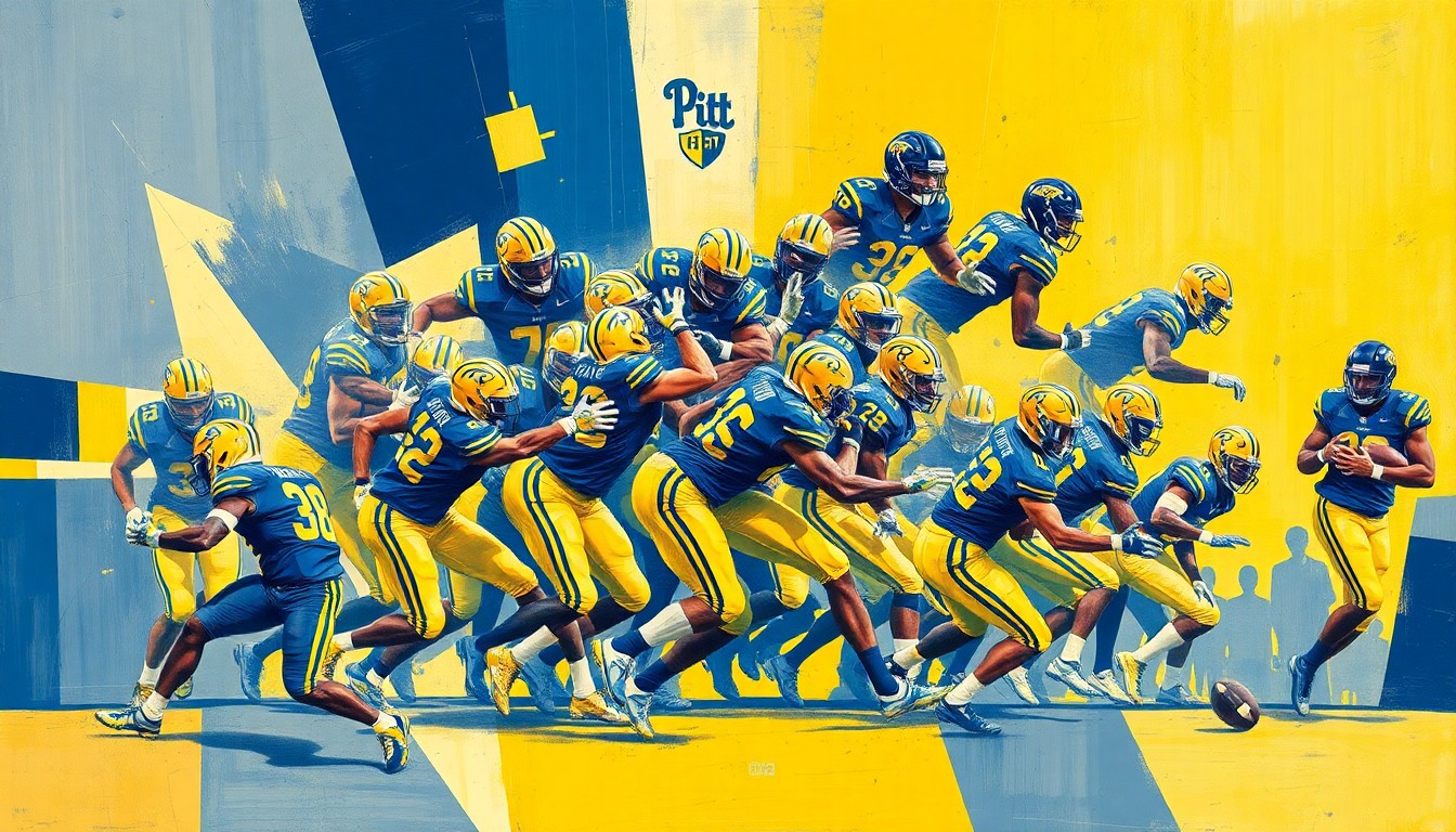 A cubist, geometric painting depicting a Pitt football spring game scrimmage, with players in motion represented through overlapping planes of blue and gold shapes.