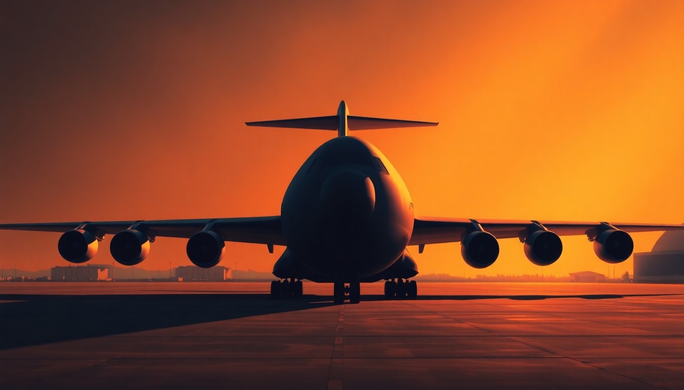 A serene, photorealistic painting of a large military transport plane on the tarmac, its fuselage reflecting the warm, golden light of the afternoon sun, conceptually representing the critical role of Ramstein Air Base in evacuating injured soldiers.