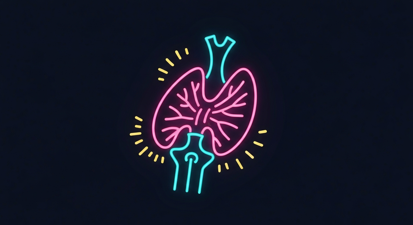 A minimalist, glowing neon outline depicting the internal structure of the human airway, representing the adaptive and growth-conscious capabilities of the AIO Breathe device.