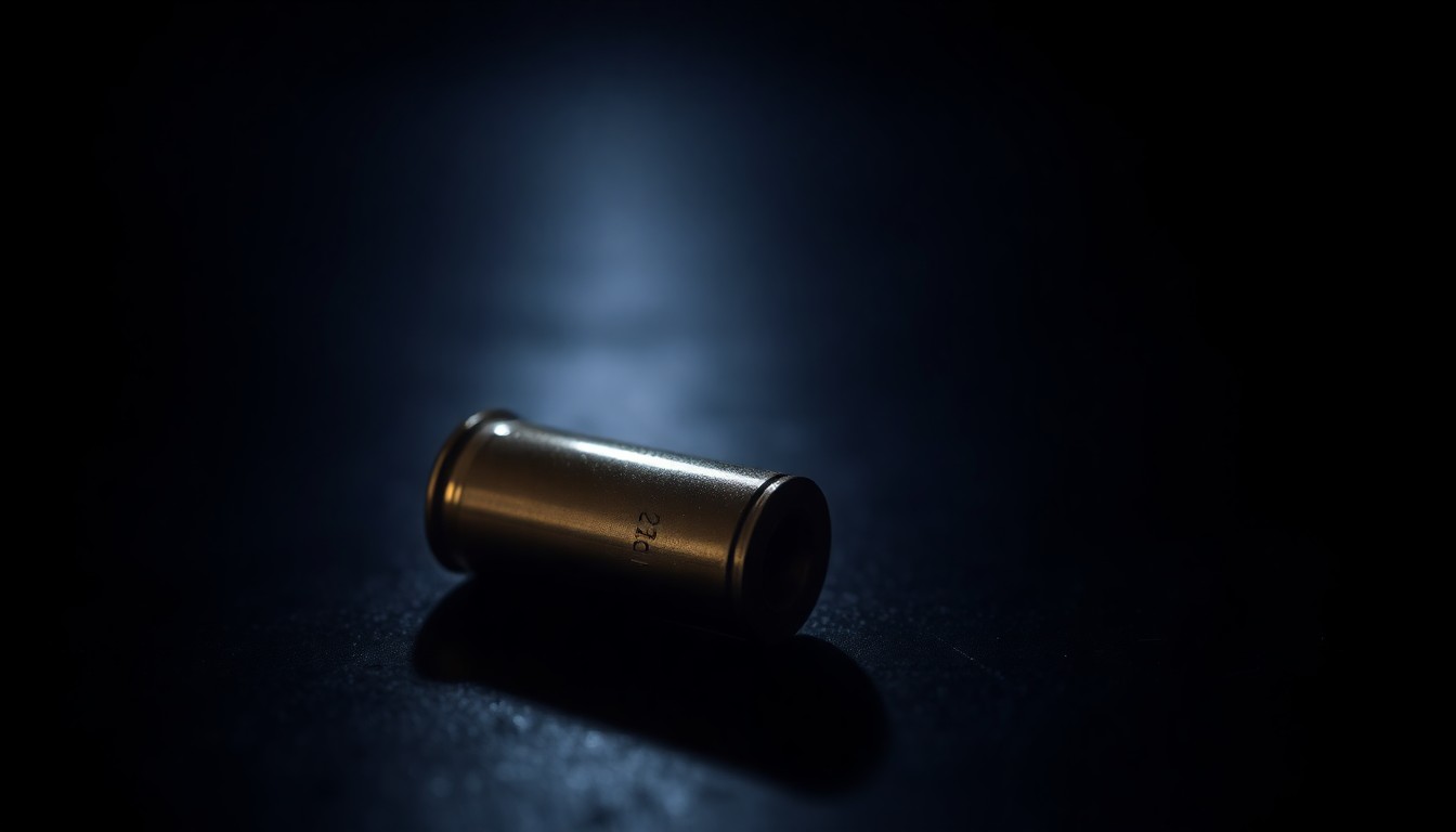 An extreme close-up photograph of a single spent shell casing on a dark surface, lit by a harsh, direct camera flash, conceptually representing the physical evidence left behind after a school shooting incident.