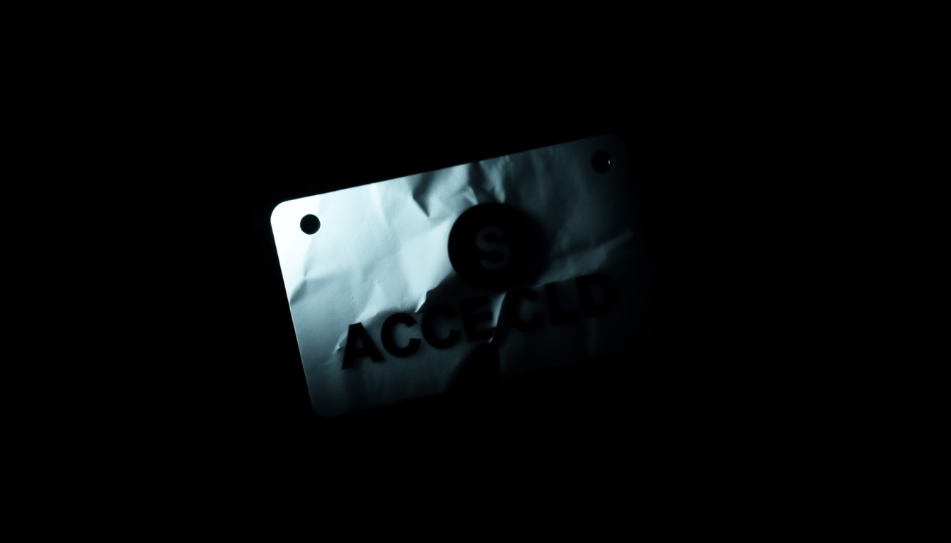 An extreme close-up photograph of a crumpled security badge or access card, lit by a harsh, direct camera flash against a pitch-black background, conveying a sense of abrupt confrontation and investigative intensity without depicting any violence or victims.