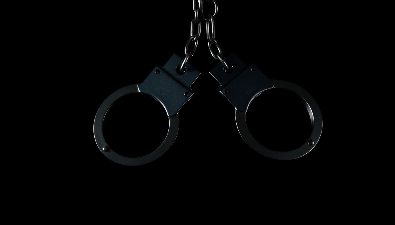 An extreme close-up photograph of a set of handcuffs against a pitch-black background, conveying a stark, investigative aesthetic about a case involving an illegal immigrant accused of sexual assault.