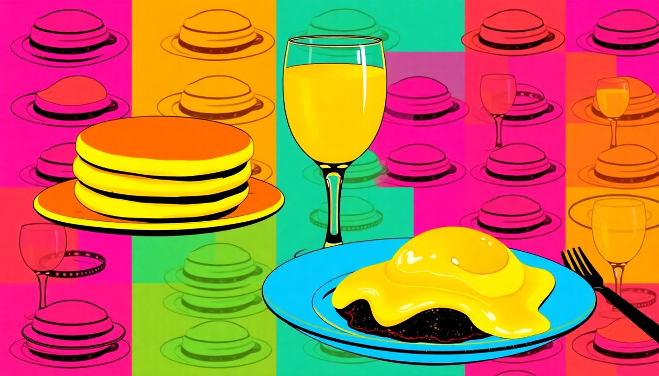 A bold, colorful silkscreen illustration featuring repeating patterns of classic brunch items like pancakes, mimosas, and eggs benedict, capturing the energy and variety of the city's top-rated brunch destinations.