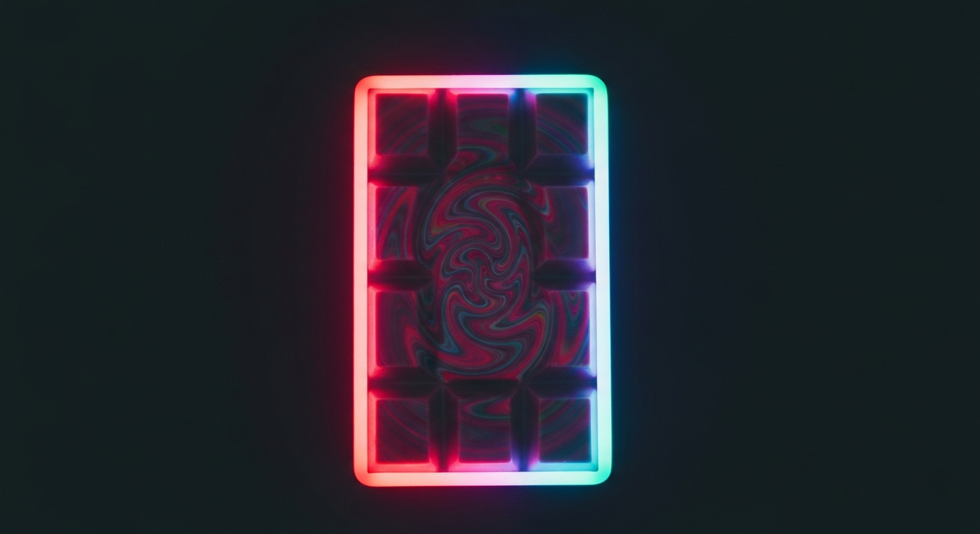 A minimalist, neon-outlined illustration of a chocolate bar with a swirling, abstract pattern, conceptually representing the contamination and health risks of the toxic chocolate incident.