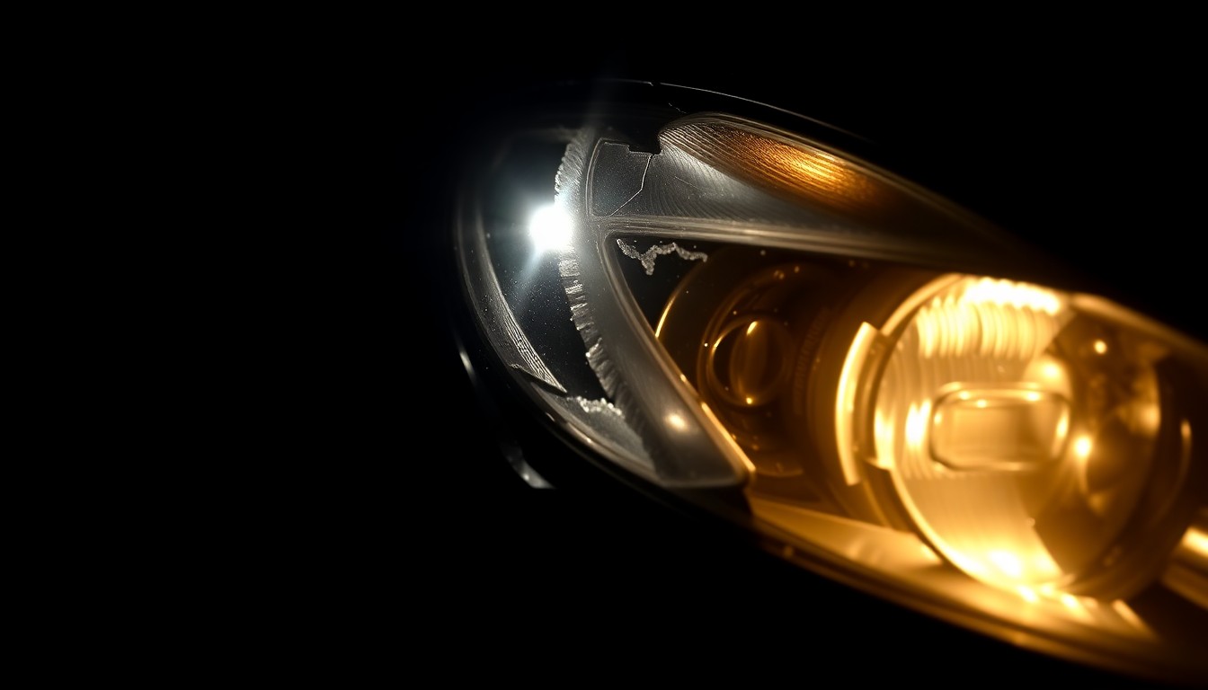 An extreme close-up photograph of a damaged car part, such as a crumpled fender or broken headlight, lit by a harsh camera flash against a pitch-black background, conveying the sudden and chaotic nature of the crash without depicting any graphic violence or victims.