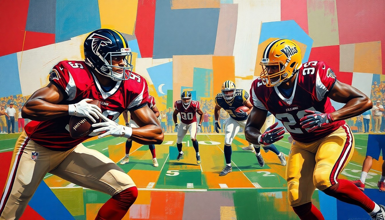 A cubist-style painting depicting a football game with the Falcons' running backs Bijan Robinson and Brian Robinson Jr. in action, their movements broken down into overlapping geometric shapes and planes of vibrant red, blue, and gold colors.
