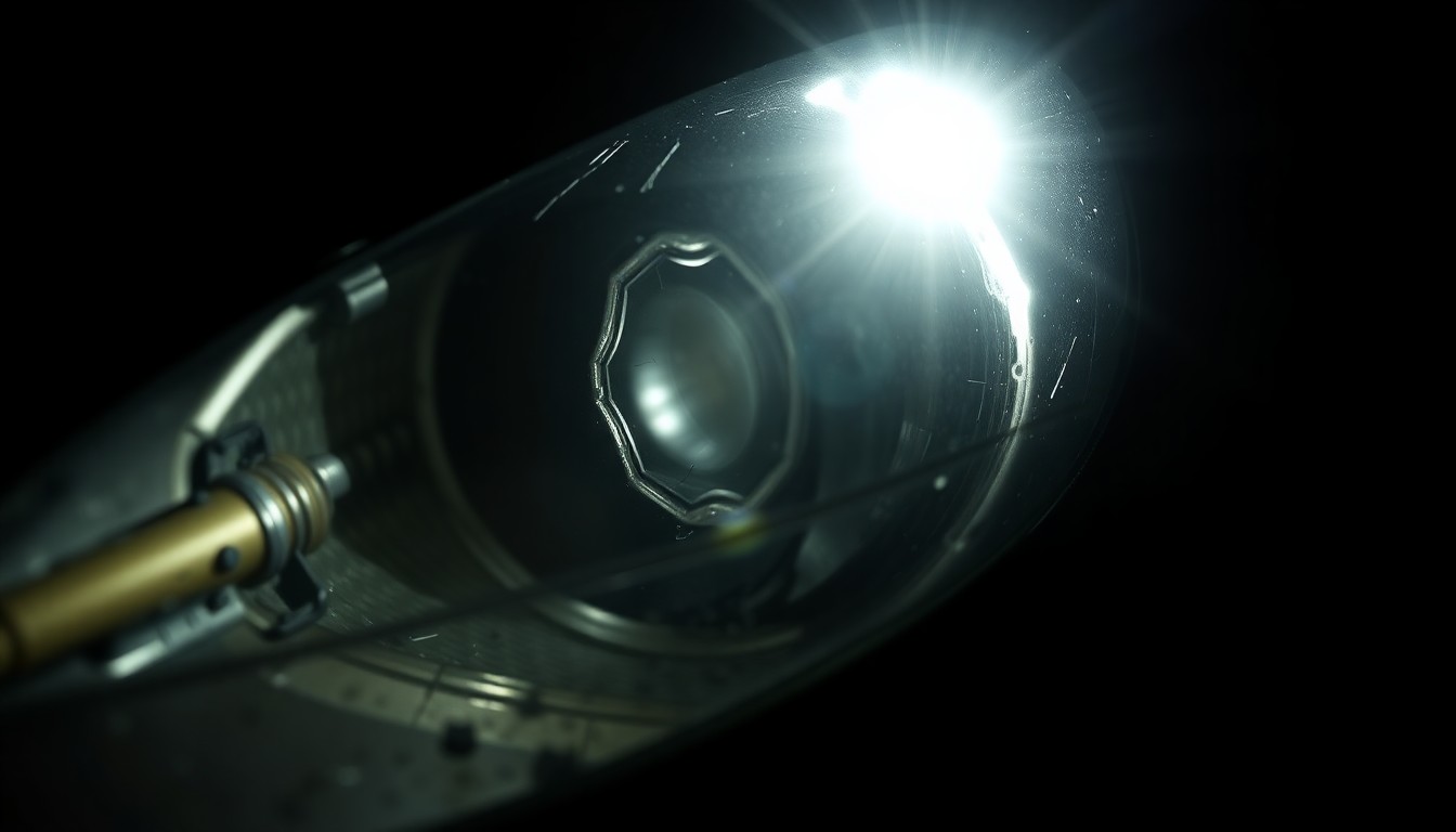 An extreme close-up photograph of a damaged car sensor or headlight lens, the surface heavily textured and reflecting a harsh, direct flash of light, conceptually illustrating the aftermath of a vehicle collision with a building.