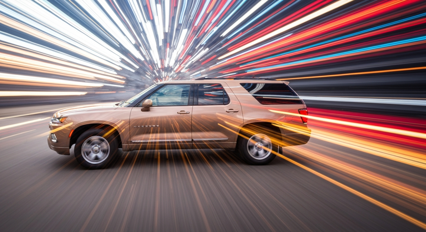 An abstract, blurred image of a Chevrolet Blazer SUV in motion, conveying a sense of speed, modern engineering, and the dynamic nature of the automotive industry.