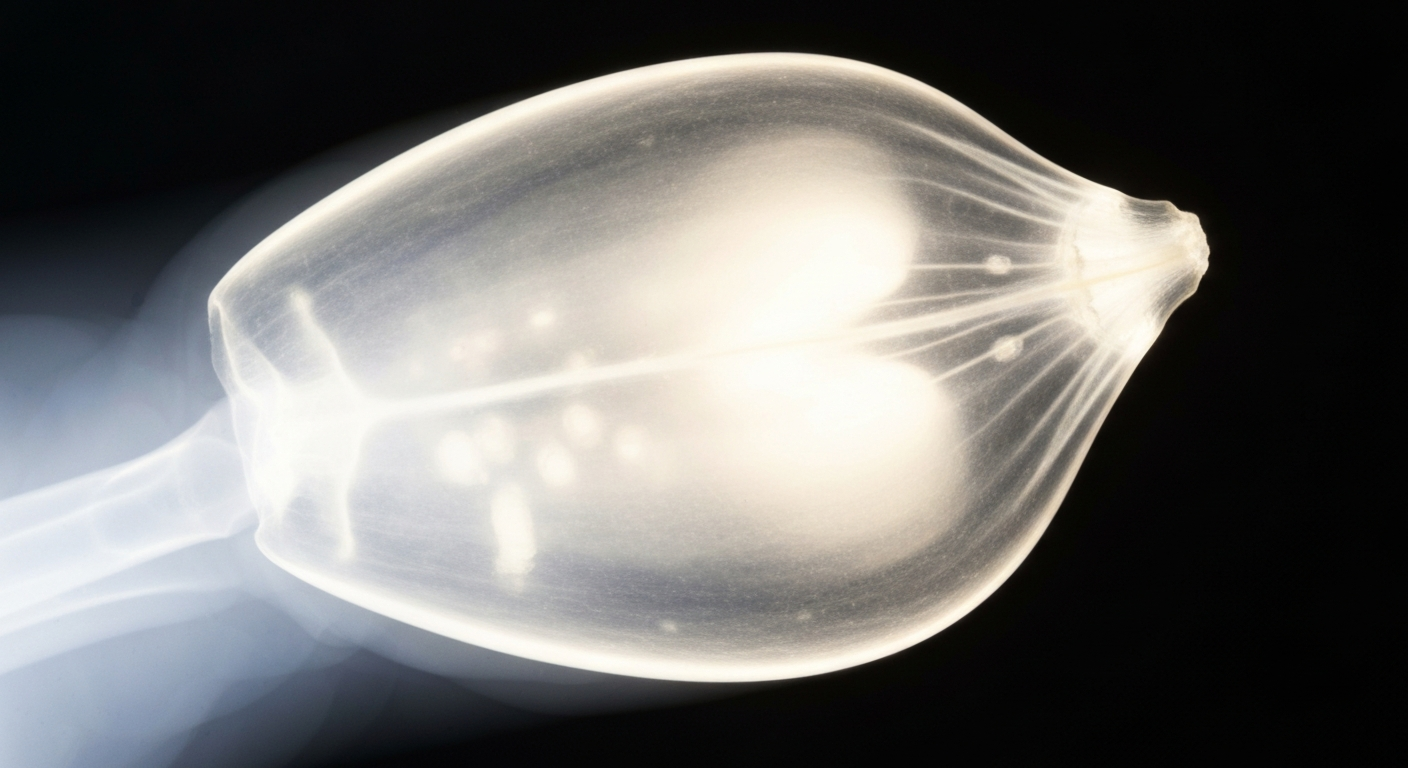 A ghostly, translucent X-ray image of a single grain of jasmine rice, its internal structures visible as glowing lines against a dark background, conveying the concept of food safety and quality control.