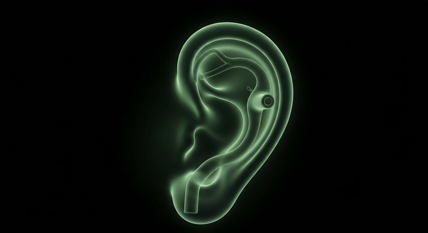 A translucent, X-ray-style image revealing the intricate inner structures of a human ear, conceptually representing the specialized therapeutic listening technologies acquired by Unyte Health.