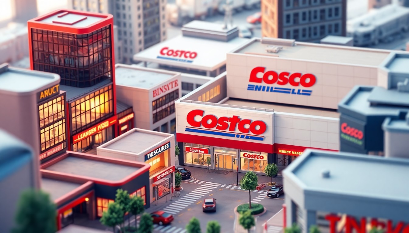 A stylized 3D digital illustration depicting a bustling commercial district with modern office buildings, retail stores, and a large Costco warehouse store, representing the vibrant economic activity in the Southern Grove Jobs Corridor in Port St. Lucie, Florida.