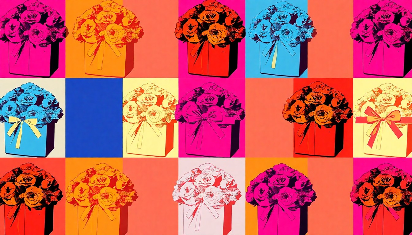 A high-contrast, silkscreen-style illustration featuring a repeated pattern of a single, iconic Mother's Day gift item in a grid of bright, neon colors, conceptually representing the wide variety of discounted products available in Walmart's holiday gift guide.