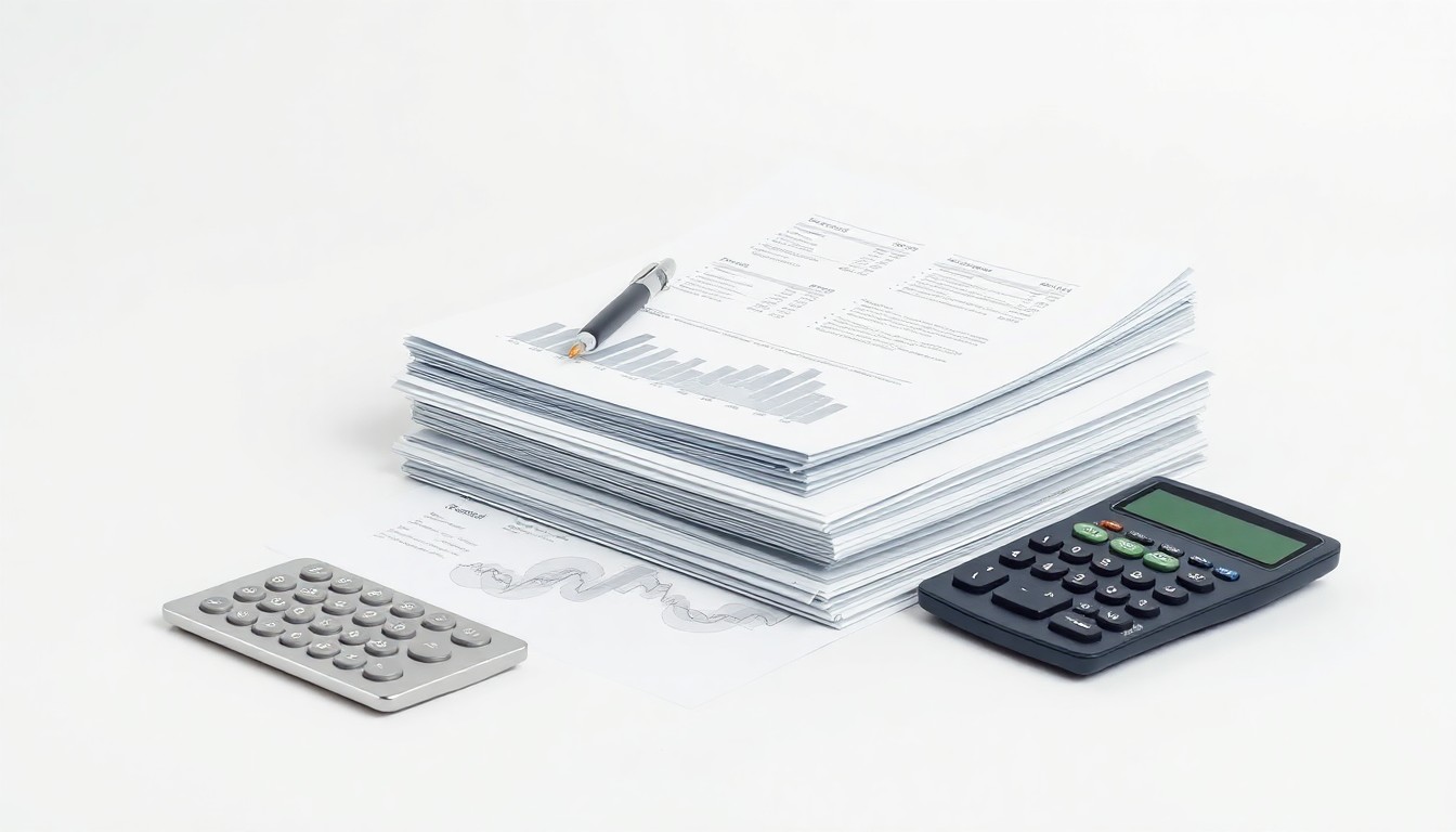 A photorealistic studio still life featuring a stack of financial reports, a pen, and a calculator on a clean, monochromatic background, symbolizing the abstract concepts of corporate strategy and market performance.