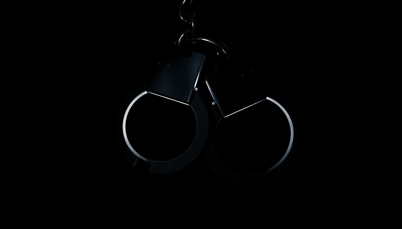 An extreme close-up photograph of a set of handcuffs against a pitch-black background, conveying the stark, gritty aesthetic of a crime scene investigation.