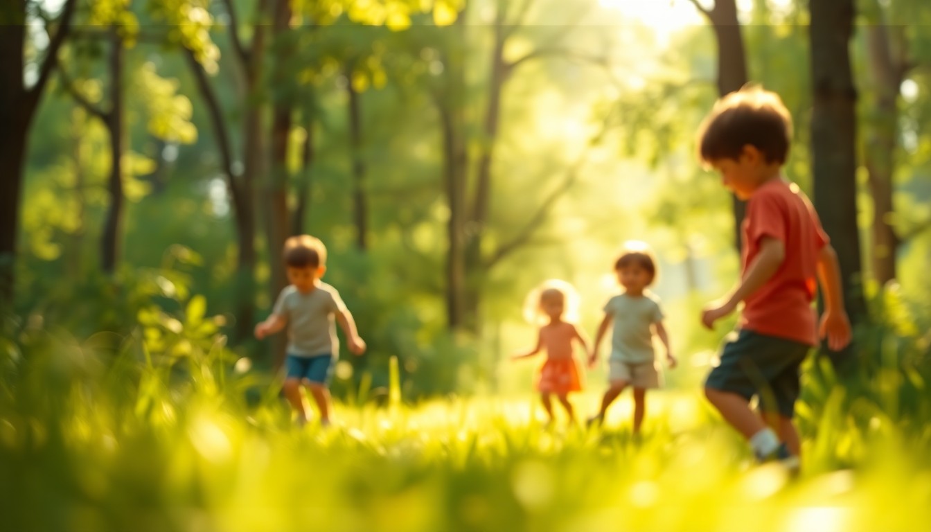 An abstract, impressionistic scene of children playing in a forest, with soft, blurred colors and lighting creating a dreamlike, nostalgic mood.