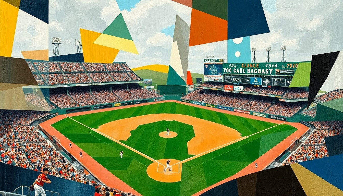 A vibrant, abstract painting featuring sharp, overlapping geometric shapes and planes of color, representing the dynamic action and competition of a college baseball game.