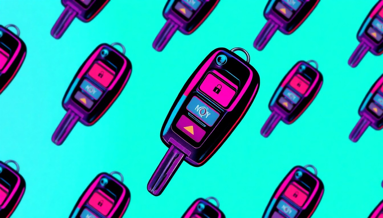 A brightly colored, abstract grid of car keys in neon shades of green, blue, and pink, conceptually representing the restoration of driver's licenses in the Lakeland community.