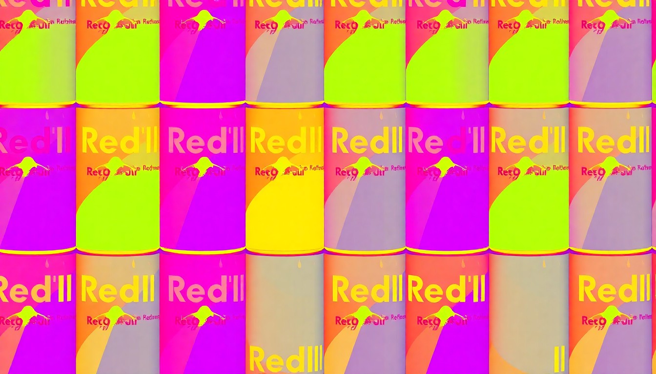 A bold, colorful silkscreen illustration featuring a repeating pattern of a Red Bull energy drink can in vibrant neon shades, conceptually representing the unexpected lottery win of a Red Bull customer.