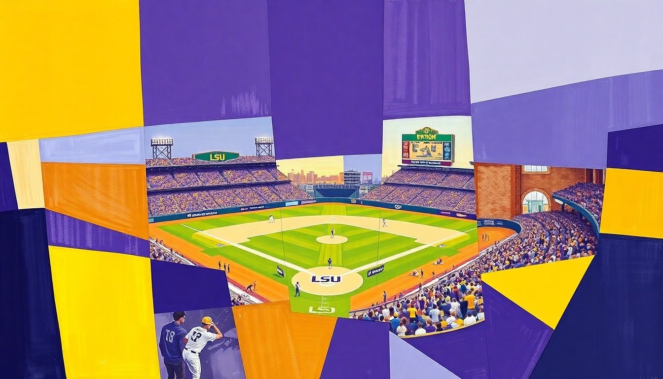 A cubist, geometric painting in purple and gold hues, depicting a fragmented and deconstructed scene of a college baseball game, capturing the dynamic energy and competitive spirit of the sport.