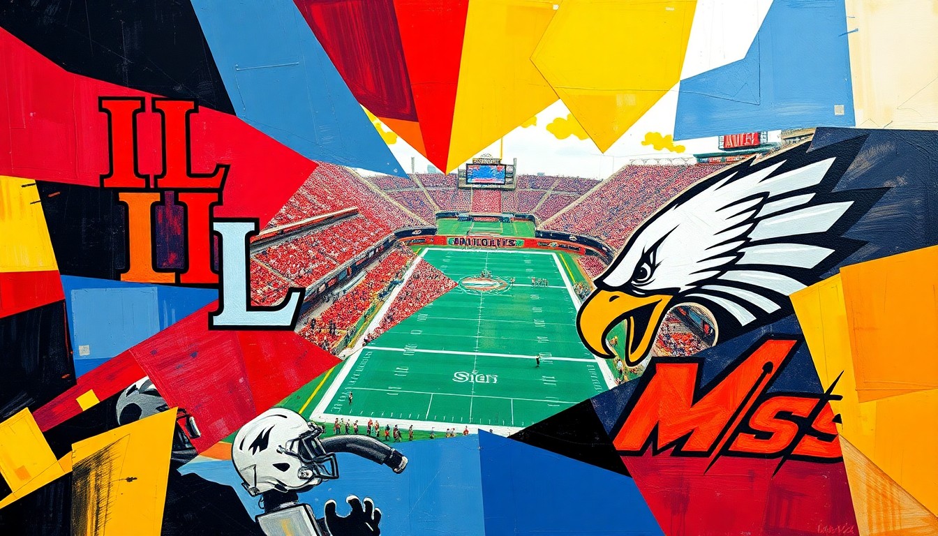 A fractured, geometric painting depicting a college football game, with sharp planes of color representing the players and action on the field.