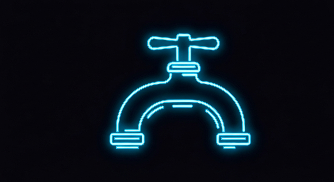 A glowing neon outline of a water droplet or faucet, conceptually representing the debate over water fluoridation and the autonomy of local communities to make that decision.