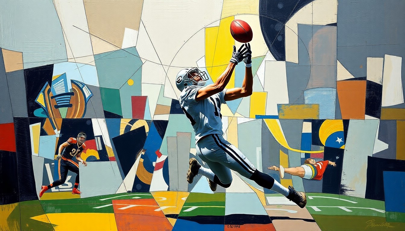 A cubist-style painting depicting a football player making a catch, with the player's body and the ball broken down into sharp, overlapping geometric shapes and planes, conveying the dynamic and fragmented nature of the sport.
