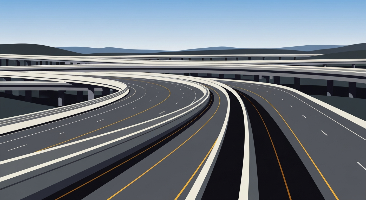 A highly stylized, geometric illustration depicting the sweeping curves and grand scale of the Pennsylvania Turnpike, capturing the infrastructure's monumental presence without any literal depiction of people or text.