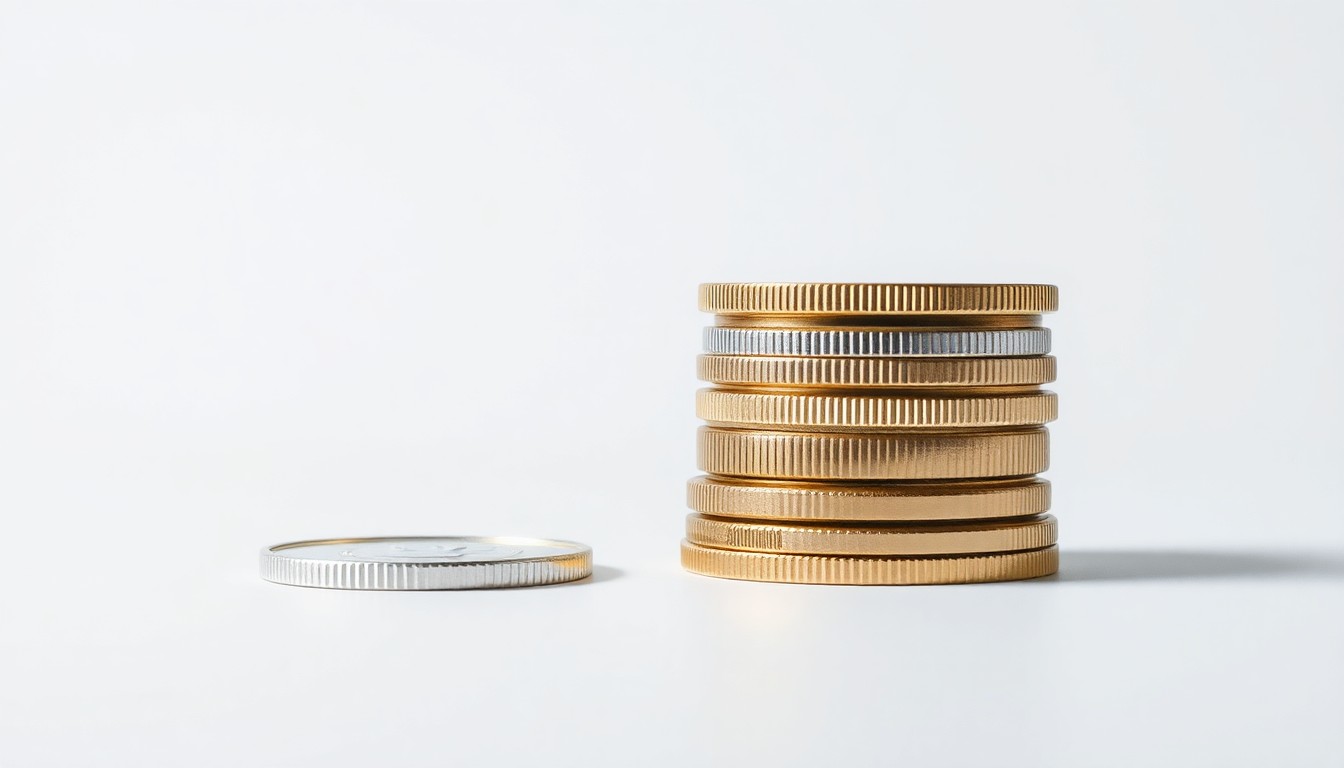 A high-end, photorealistic studio still-life photograph featuring a stack of polished metal tokens or coins in shades of silver and gold, arranged elegantly on a clean, monochromatic seamless background, conceptually representing the abstract ideas of financial regulation, institutional investment, and asset tokenization.