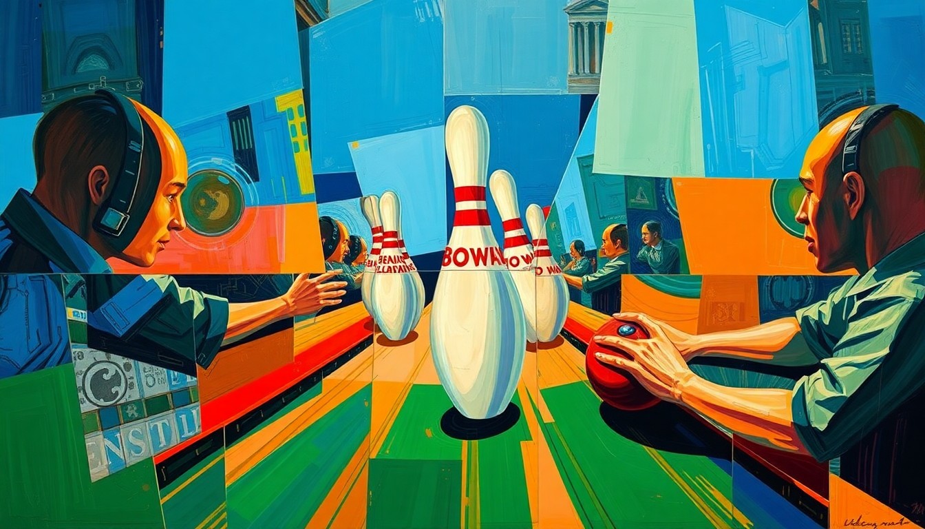 A fragmented, geometric painting depicting the dynamic action and tension of a professional bowling match, with overlapping planes of color and form capturing the sport's competitive energy.