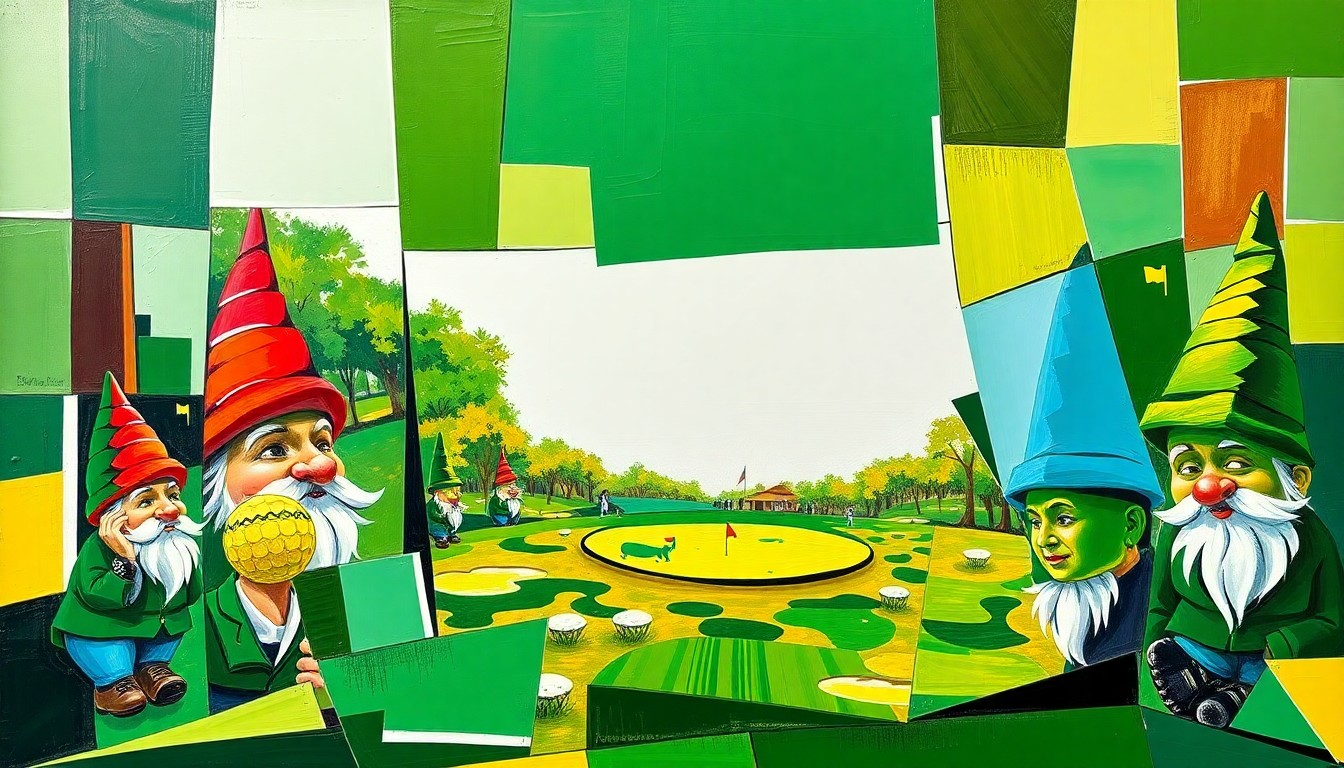 A cubist, geometric painting depicting the iconic Masters golf tournament and its traditions, such as the limited-edition gnomes, in a fractured, multi-perspective style using vibrant colors of green, white, and gold.