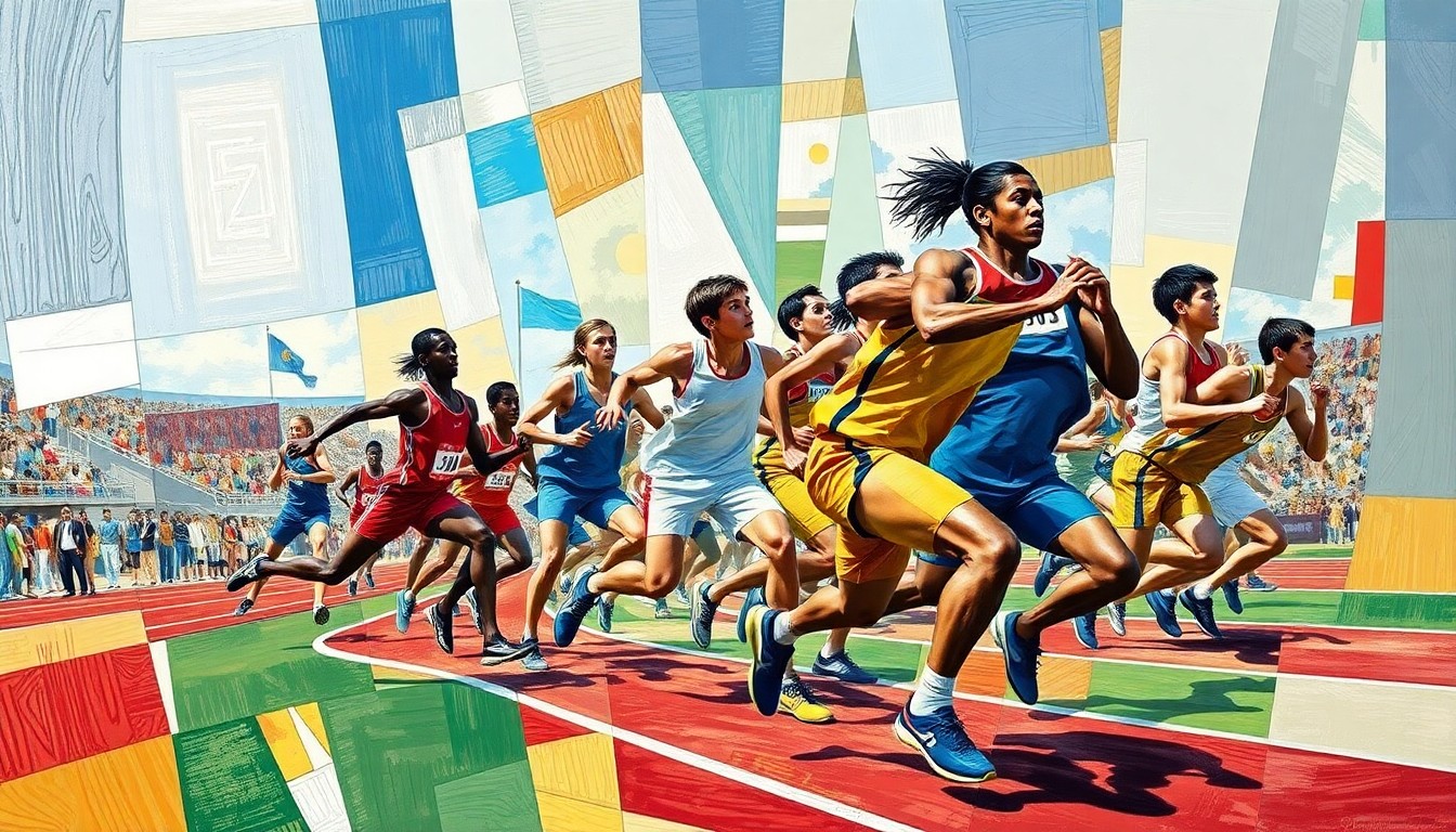 A cubist, geometric painting depicting the chaotic motion and energy of a high school track and field competition, with overlapping planes of color and form representing the unpredictable nature of the event.